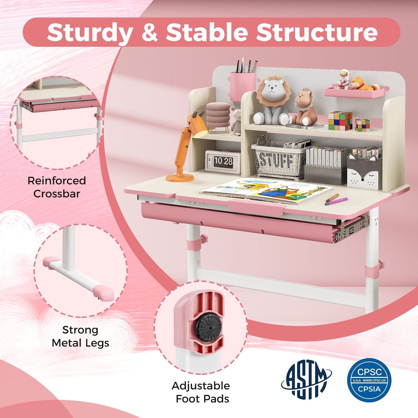 Height Adjustable Kids Study Desk with Tilt Desktop - Pink