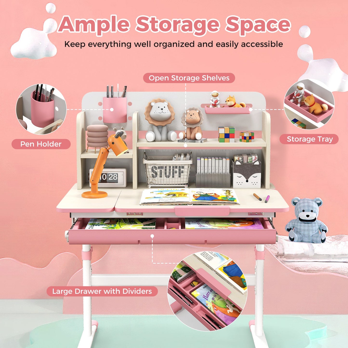 Height Adjustable Kids Study Desk with Tilt Desktop - Pink