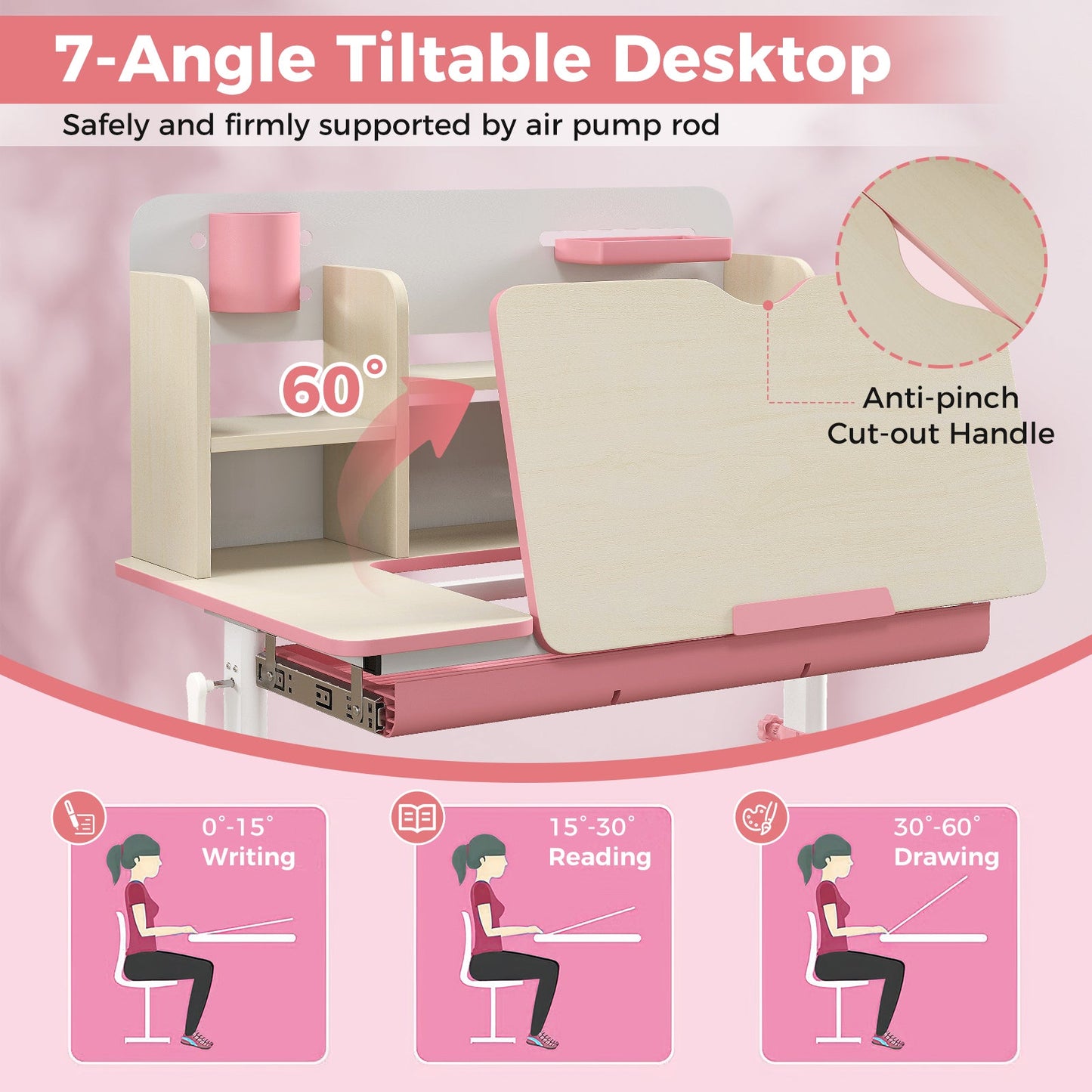 Height Adjustable Kids Study Desk with Tilt Desktop - Pink