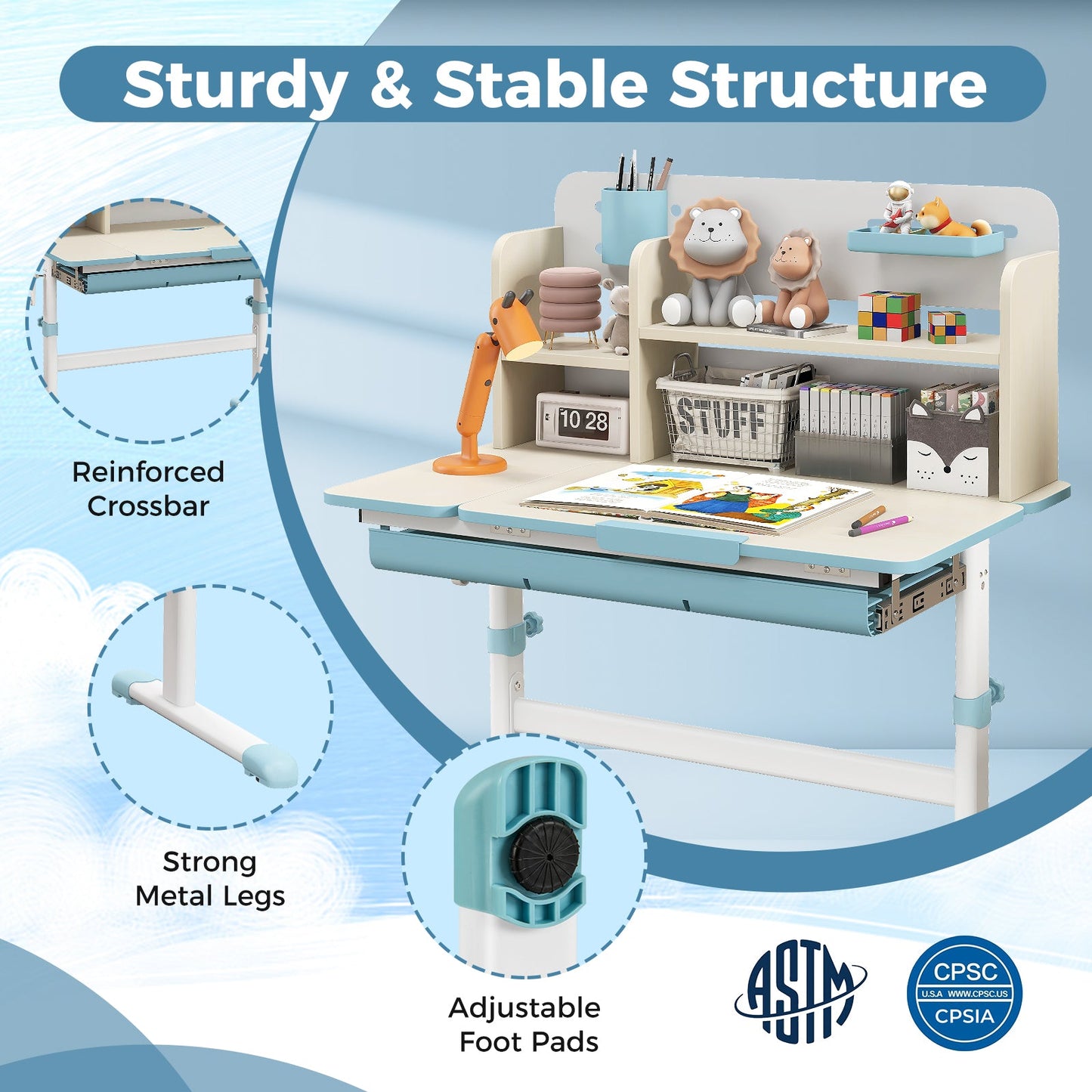 Bureau d'étude pour enfants réglable en hauteur avec plateau inclinable - Bleu