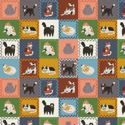 Tela de algodón Here Kitty, Kitty Cat Squares - 43"/44" por yarda