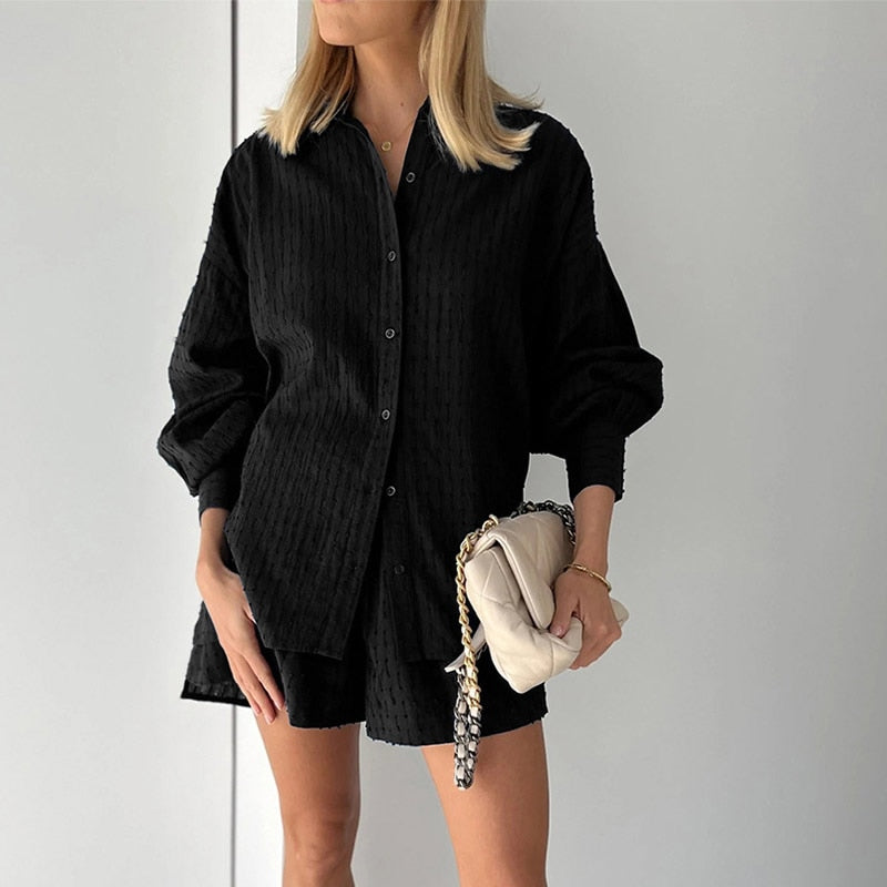 Lantern Sleeve Loose Shirt and Shorts Set