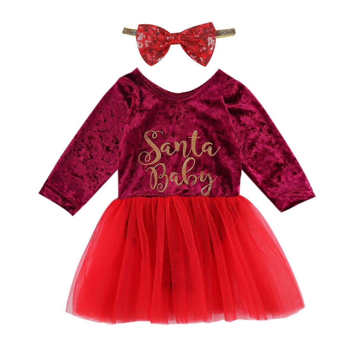 Robe Rouge de Noël à Manches Longues pour Filles Bébés