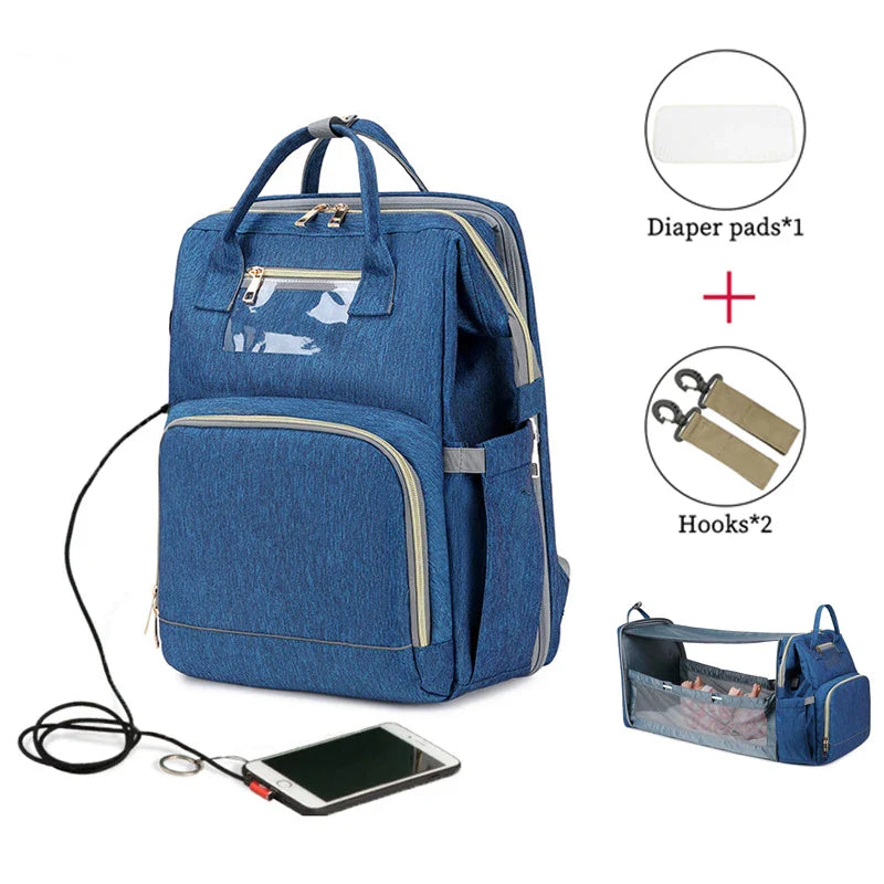 USB Diaper Bags Backpack Foldable Sunscreen Baby Bed Crib Bag Large Capacity Insulation Nursing Stroller Bag With Changing Mat - Korvel