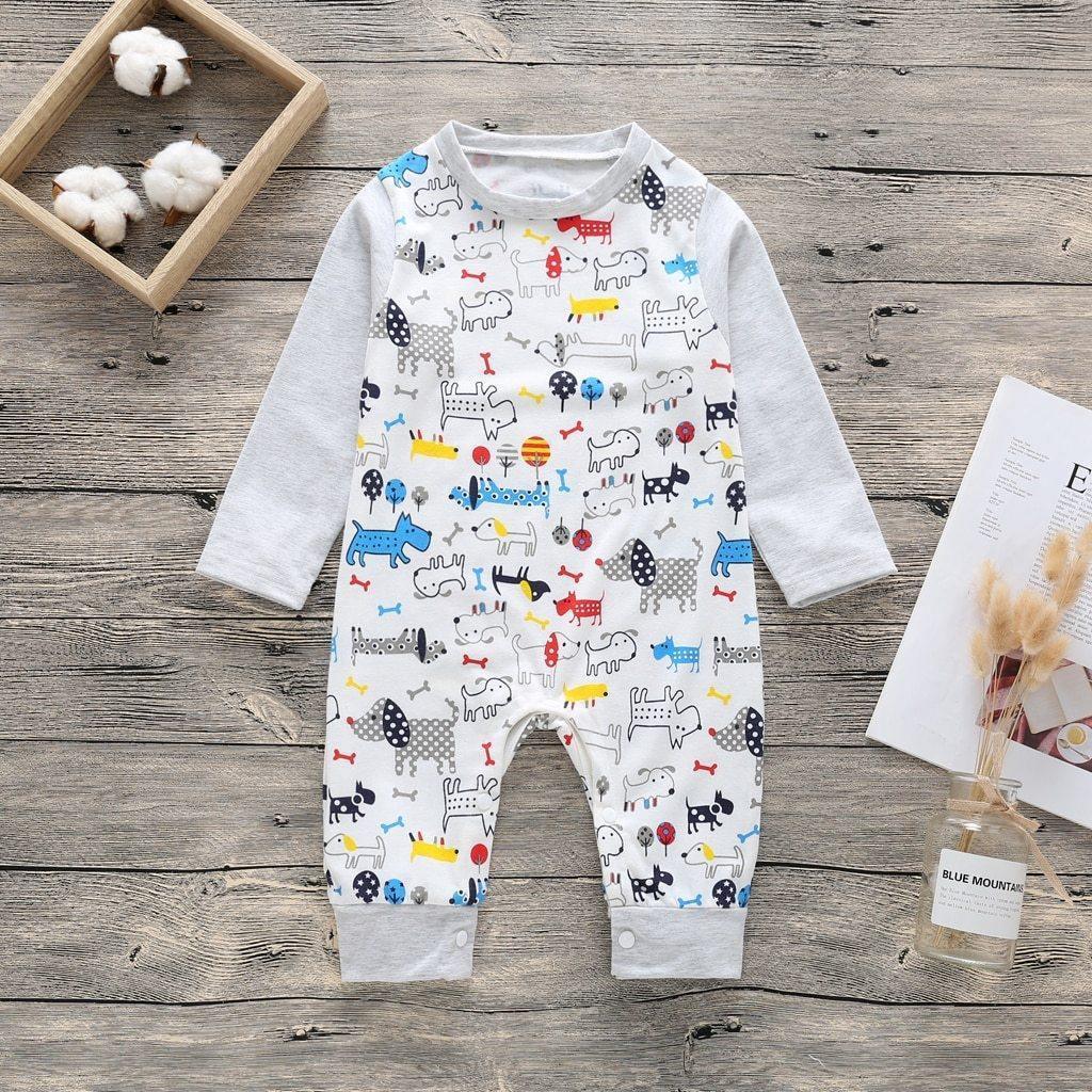 Floral Dinosaur Car Printed Baby Romper - Long Sleeve