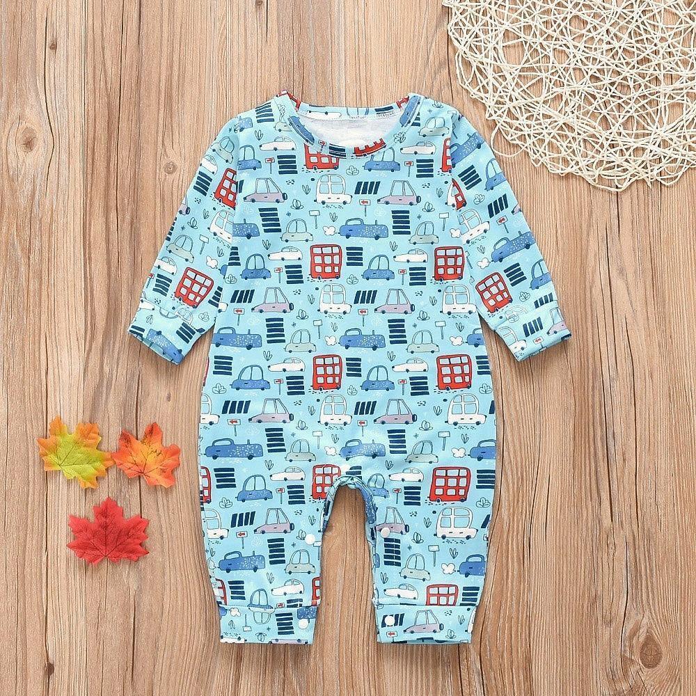 Floral Dinosaur Car Printed Baby Romper - Long Sleeve