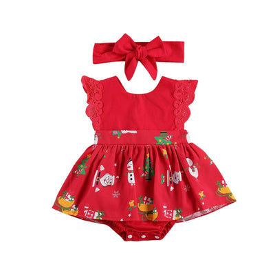 Baby Girls Lace Ruffle Dress with Cartoon Print & Headband