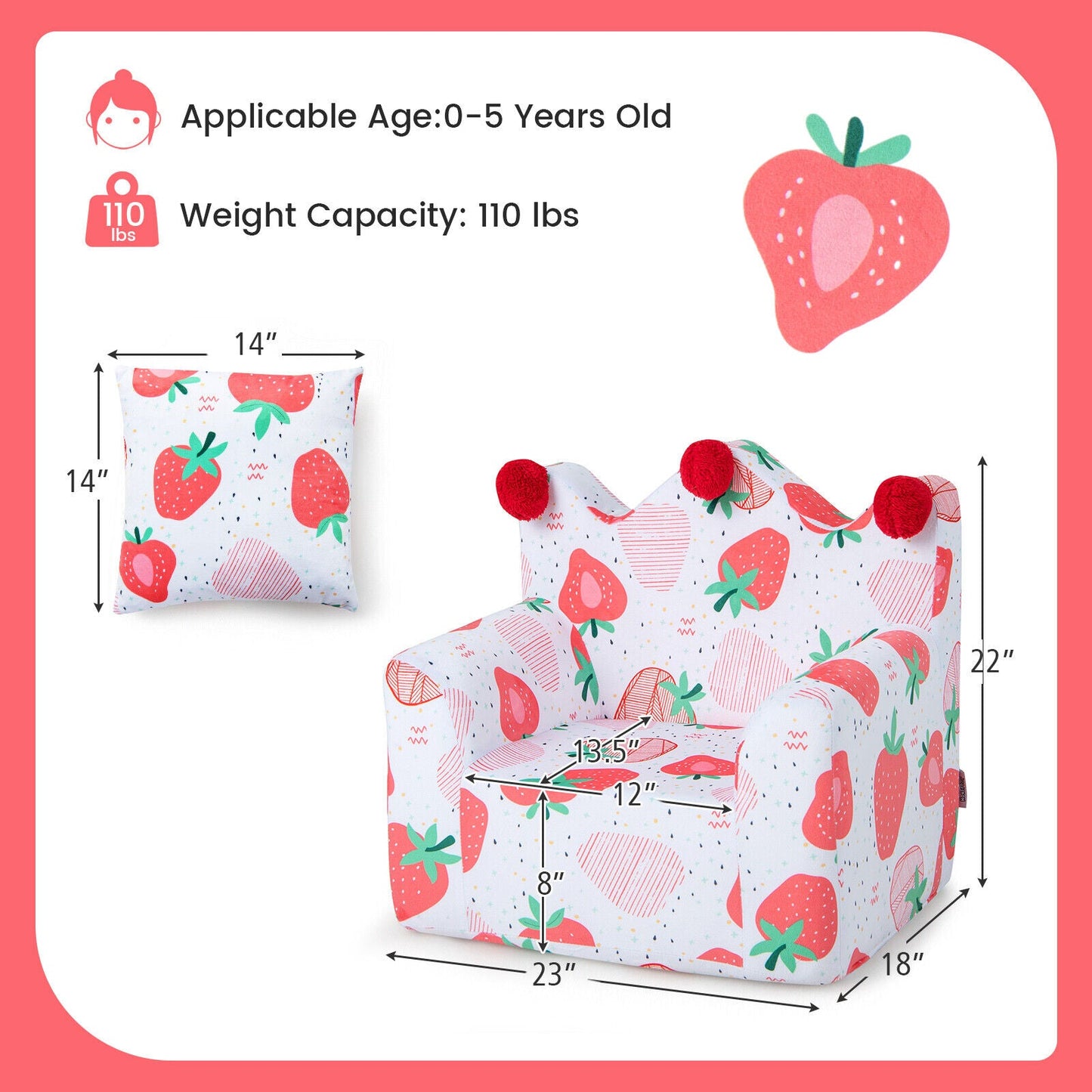 High-Density Padding Kids Sofa with Armrest and Extra Pillow - Pink