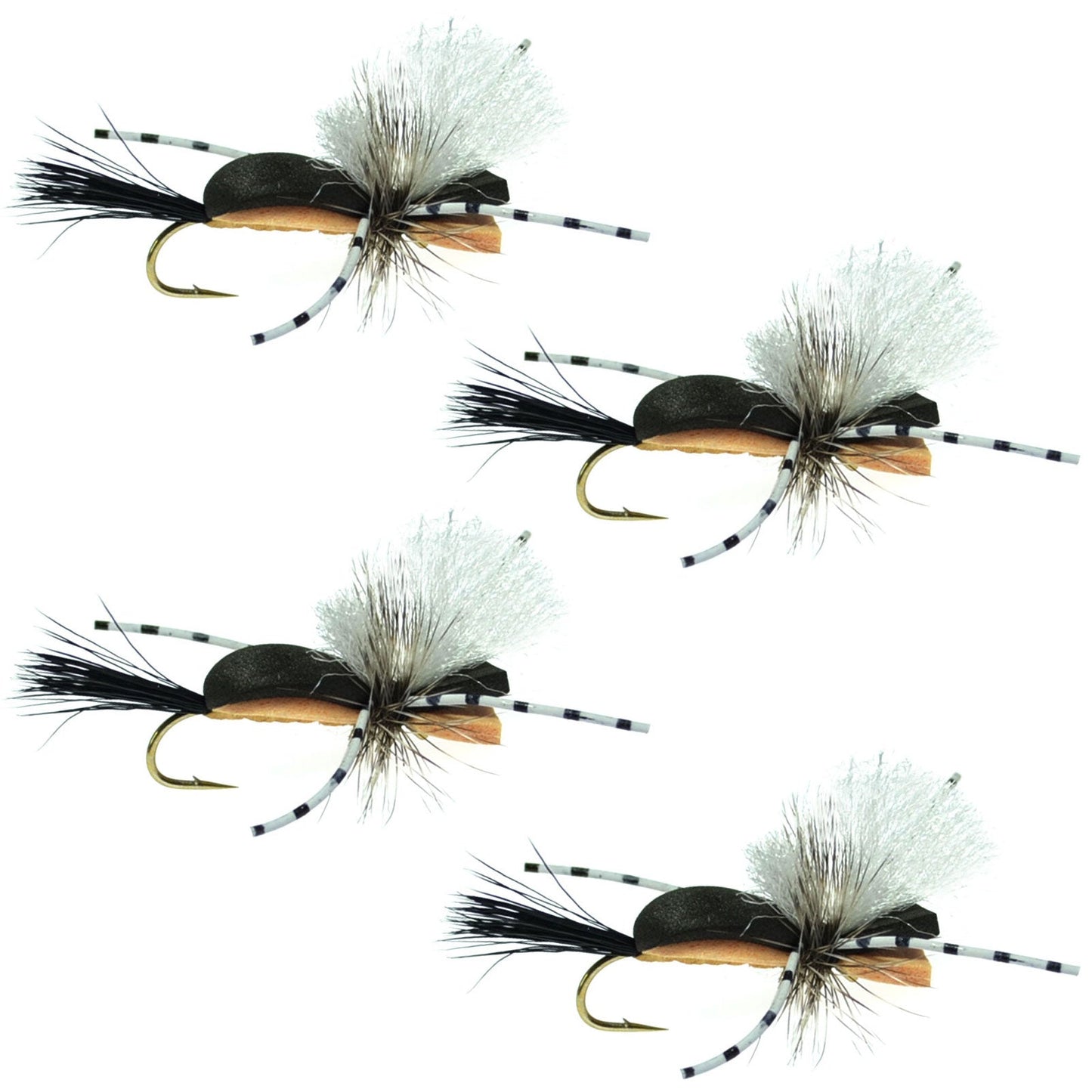 Premium Hippie Stomper Black Tan Foam Body Grasshopper Dry Fly - Set of 4, Size 14 - Korvel