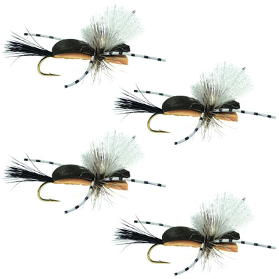 Premium Hippie Stomper Black Tan Foam Body Grasshopper Dry Fly - Set of 4, Size 14 - Korvel