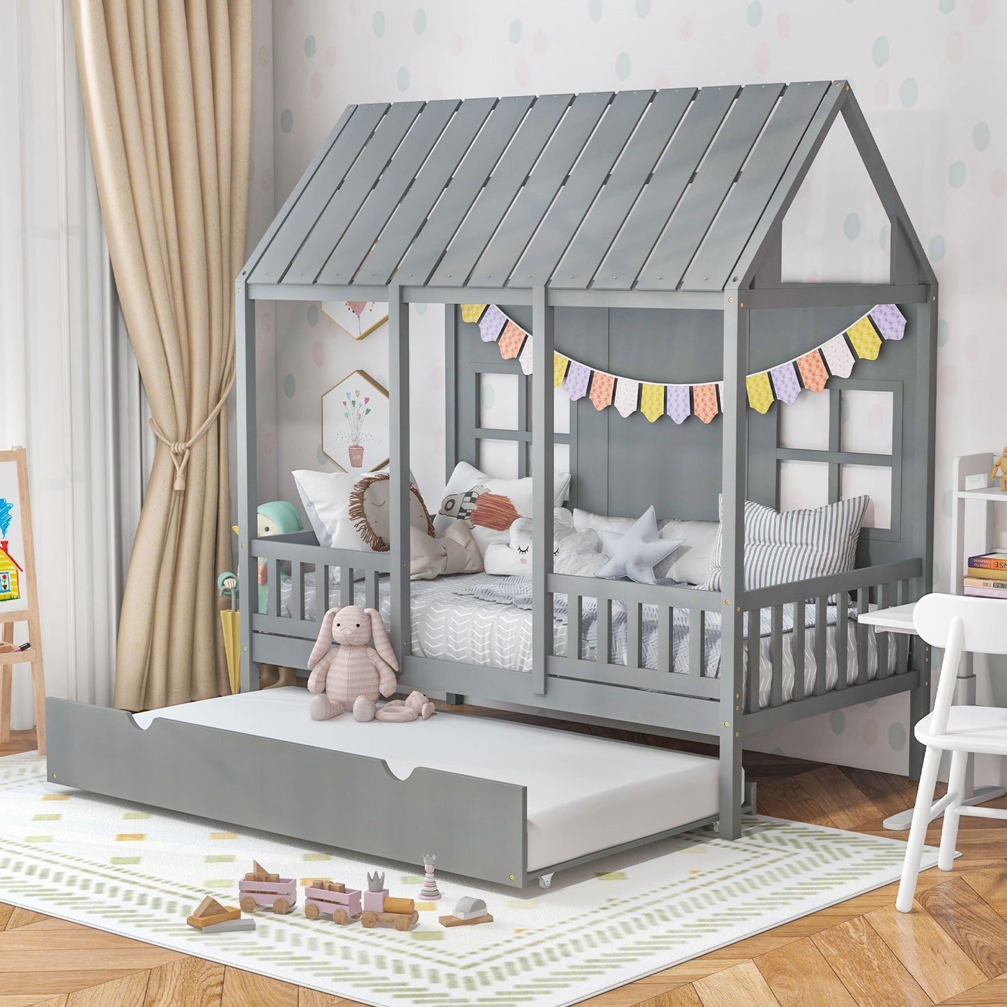 Cama en forma de casa tamaño twin con cama nido - Gris