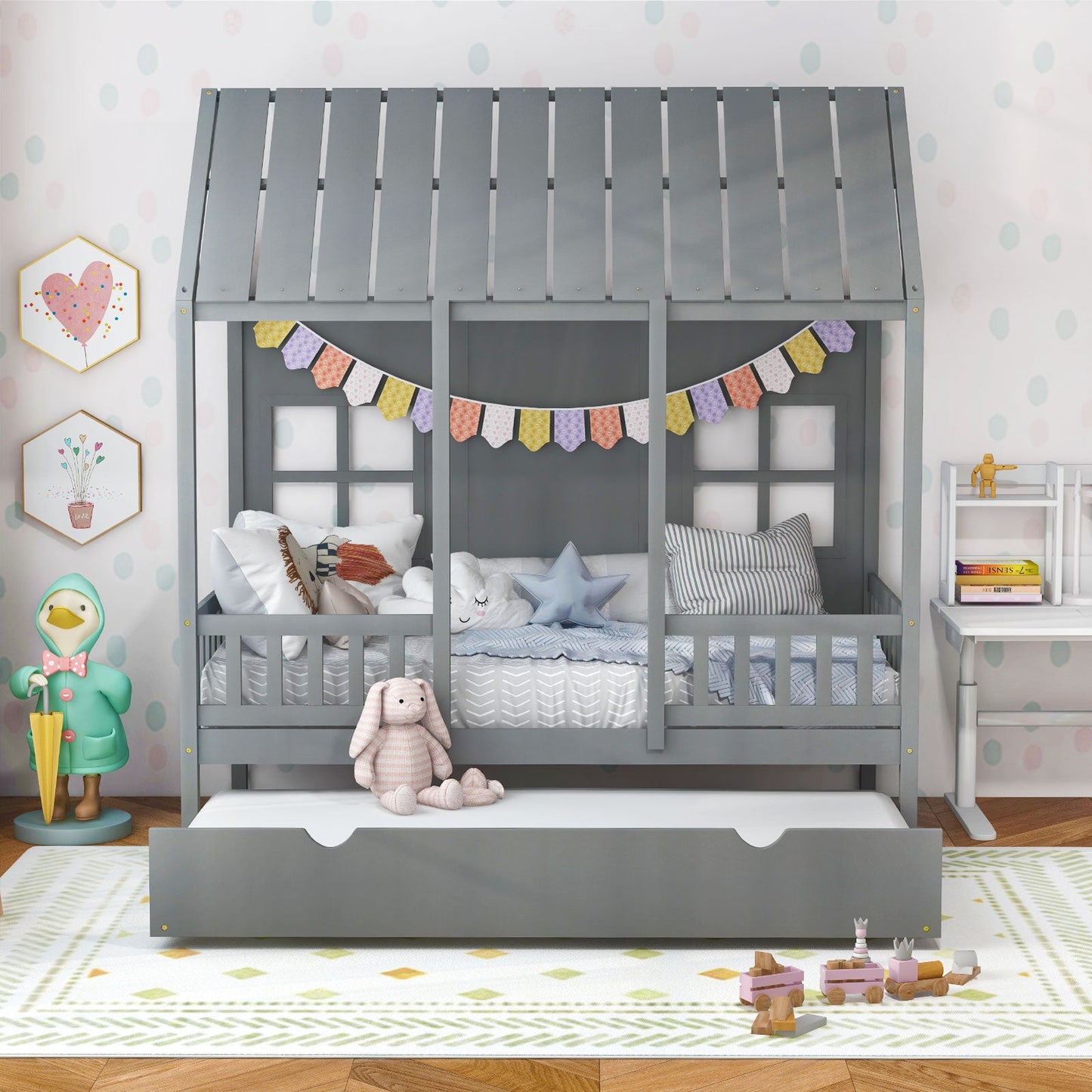 Cama en forma de casa tamaño twin con cama nido - Gris