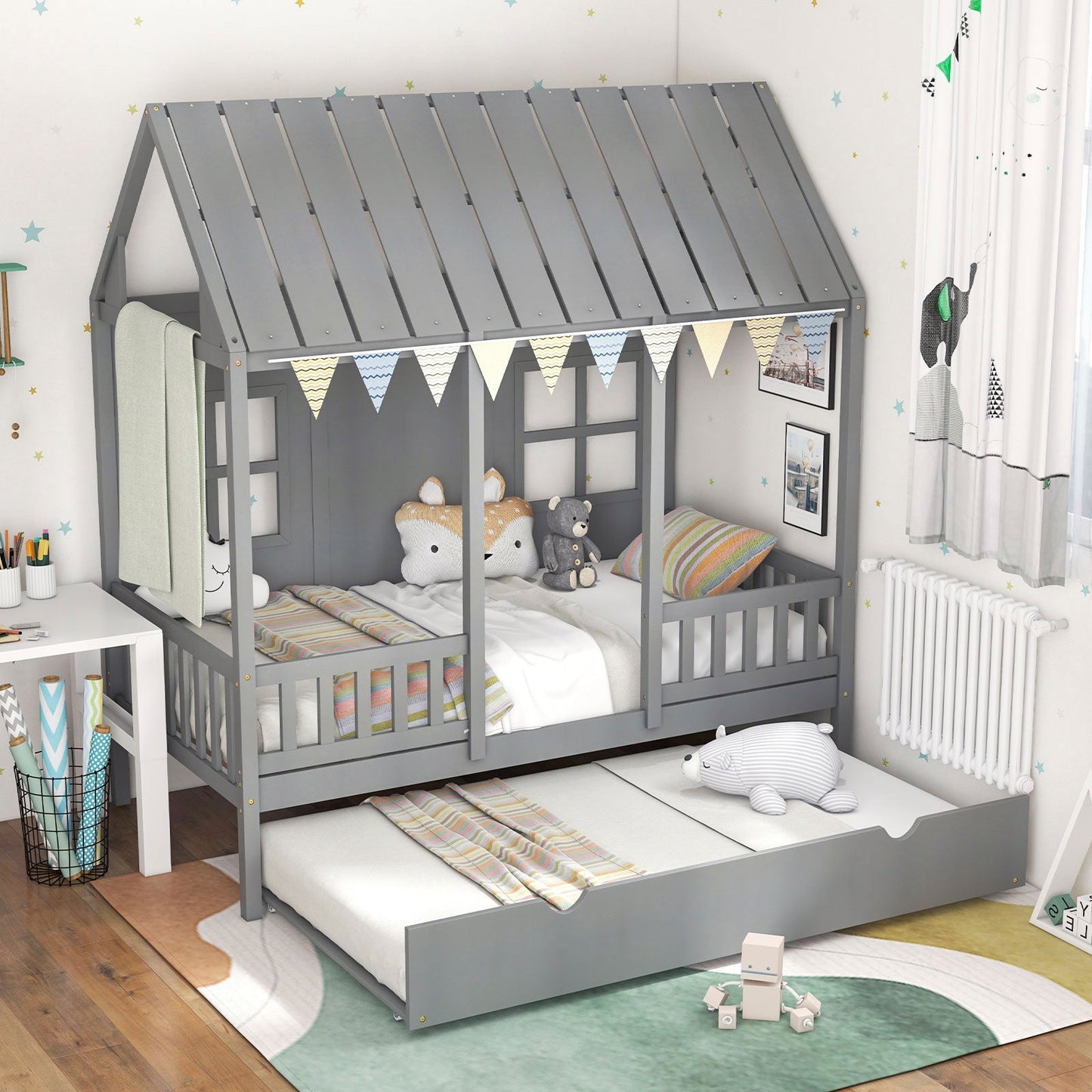 Cama en forma de casa tamaño twin con cama nido - Gris