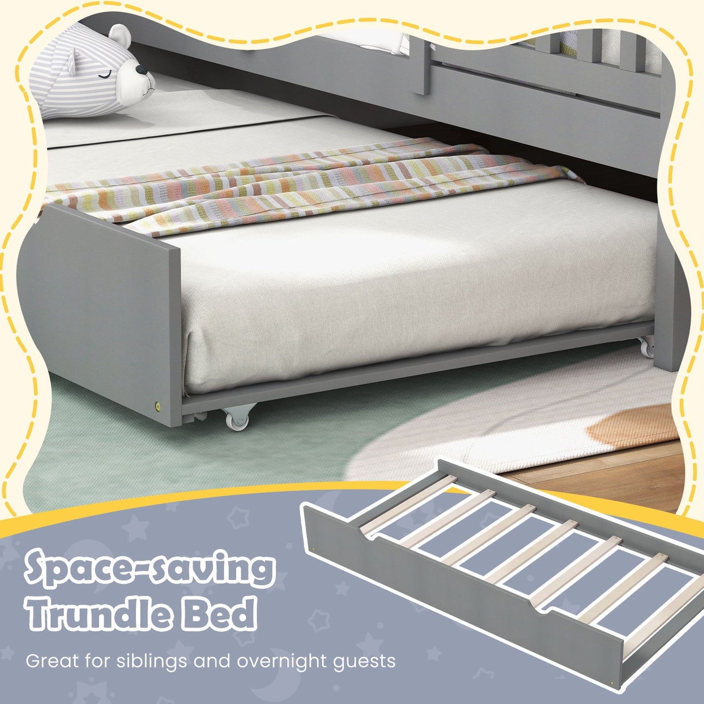 Cama en forma de casa tamaño twin con cama nido - Gris