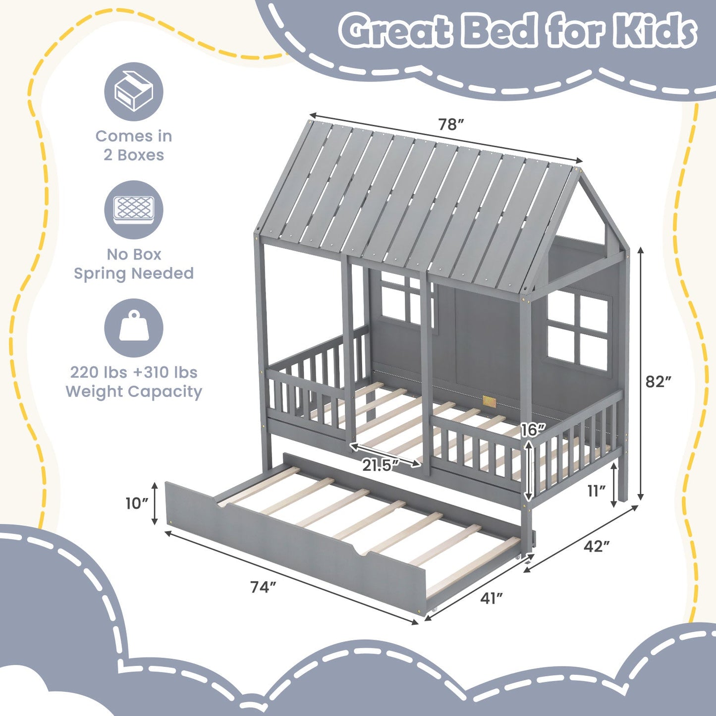 Cama en forma de casa tamaño twin con cama nido - Gris
