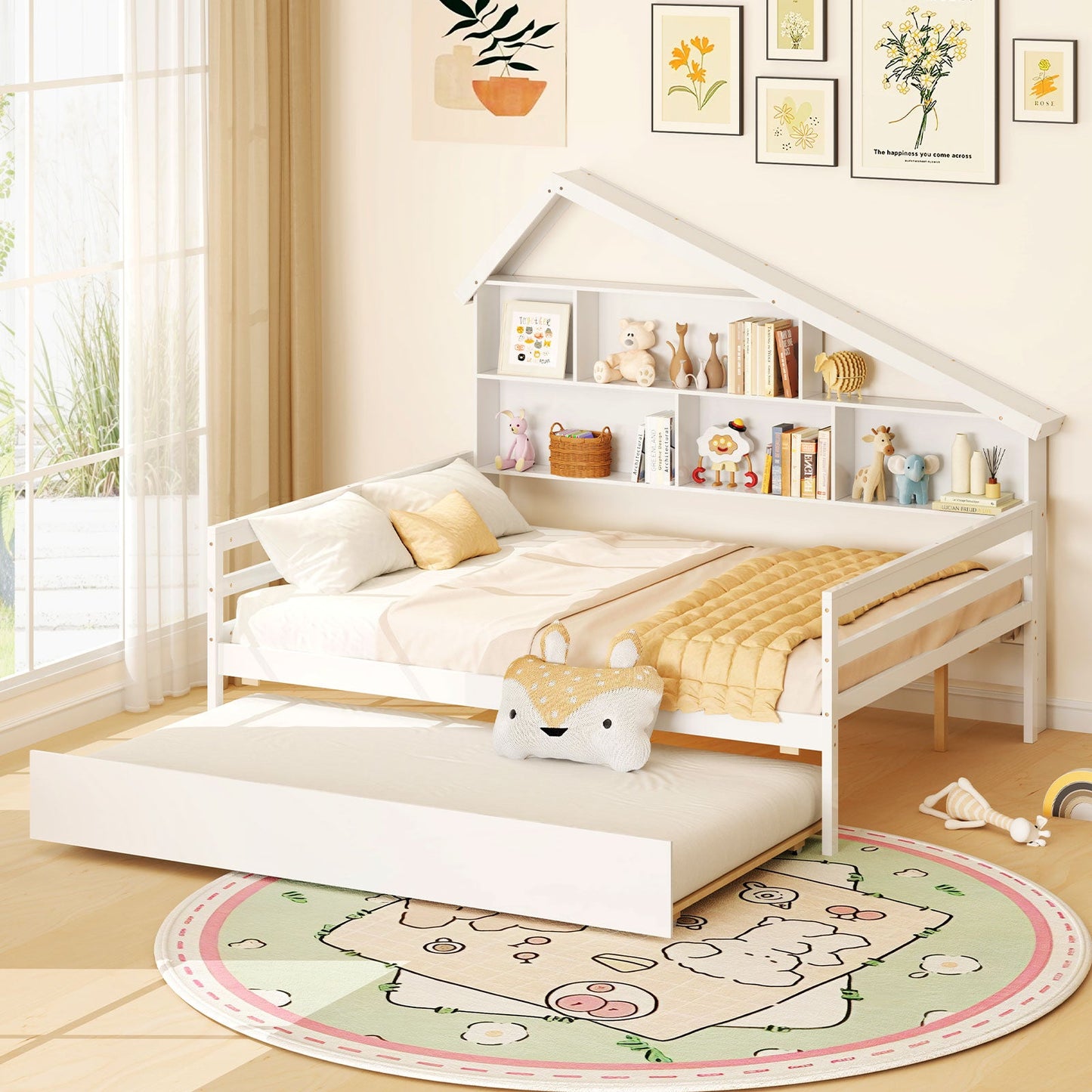 Cama tipo casa de tamaño completo con cama nido de tamaño individual - Blanca