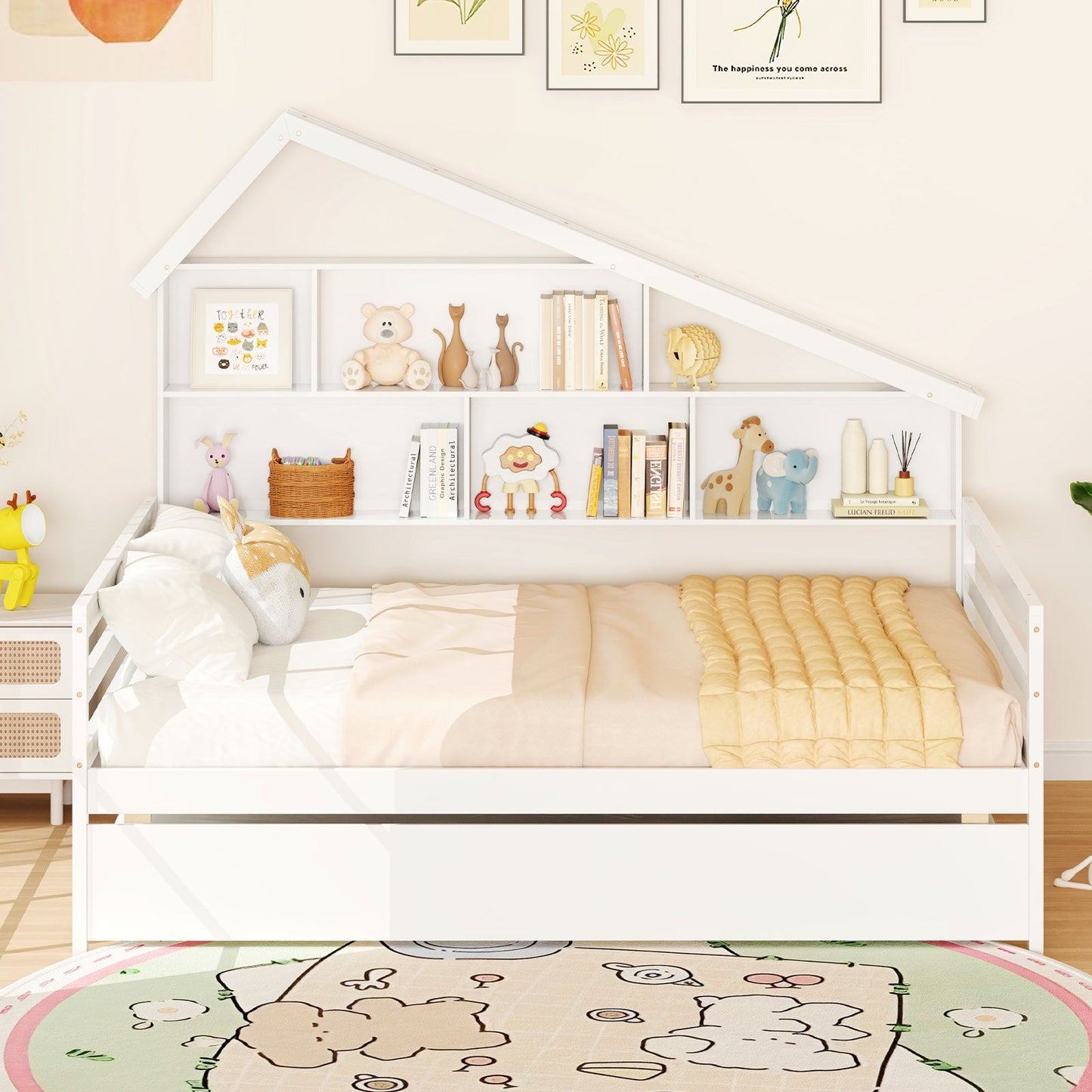 Cama tipo casa de tamaño completo con cama nido de tamaño individual - Blanca