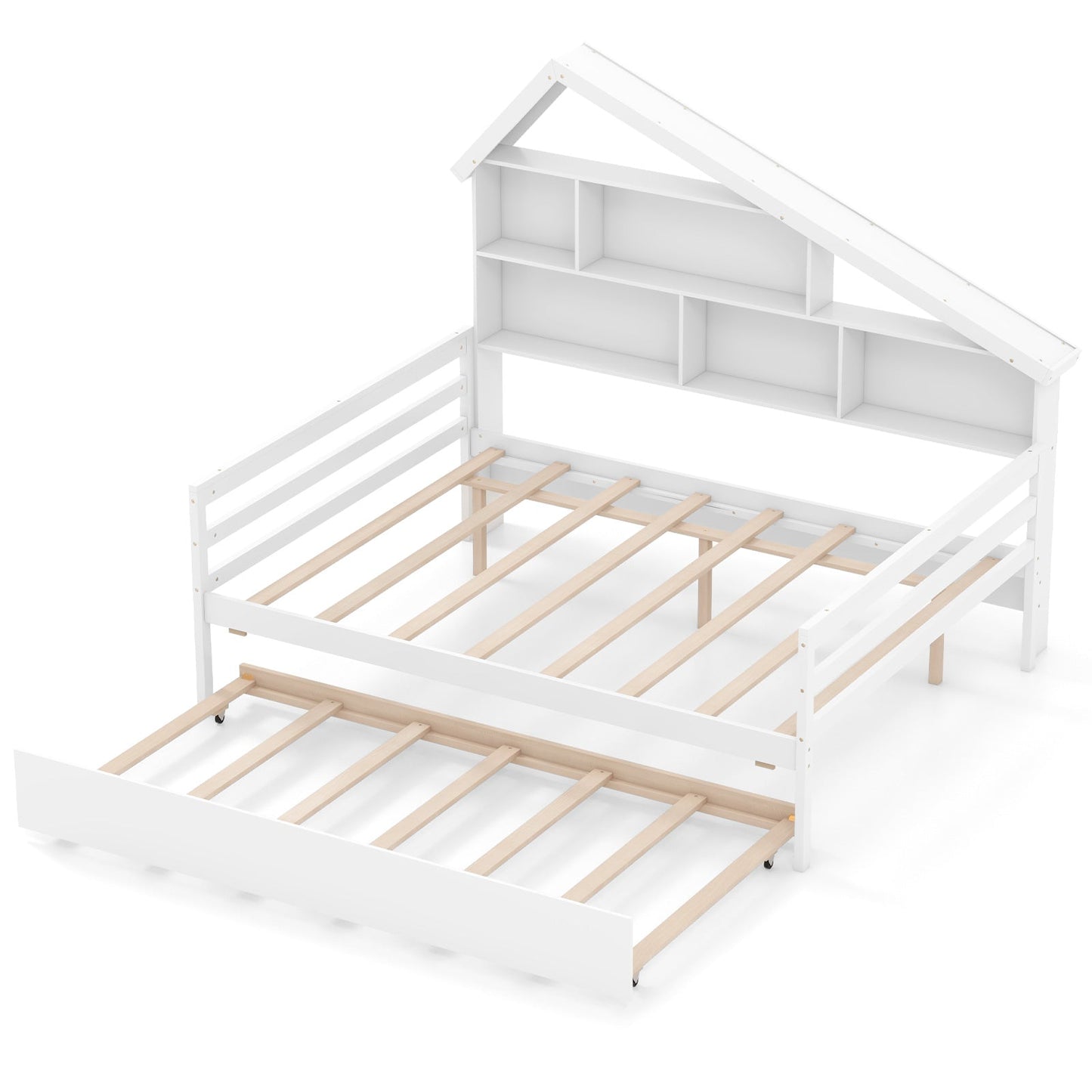 Cama tipo casa de tamaño completo con cama nido de tamaño individual - Blanca