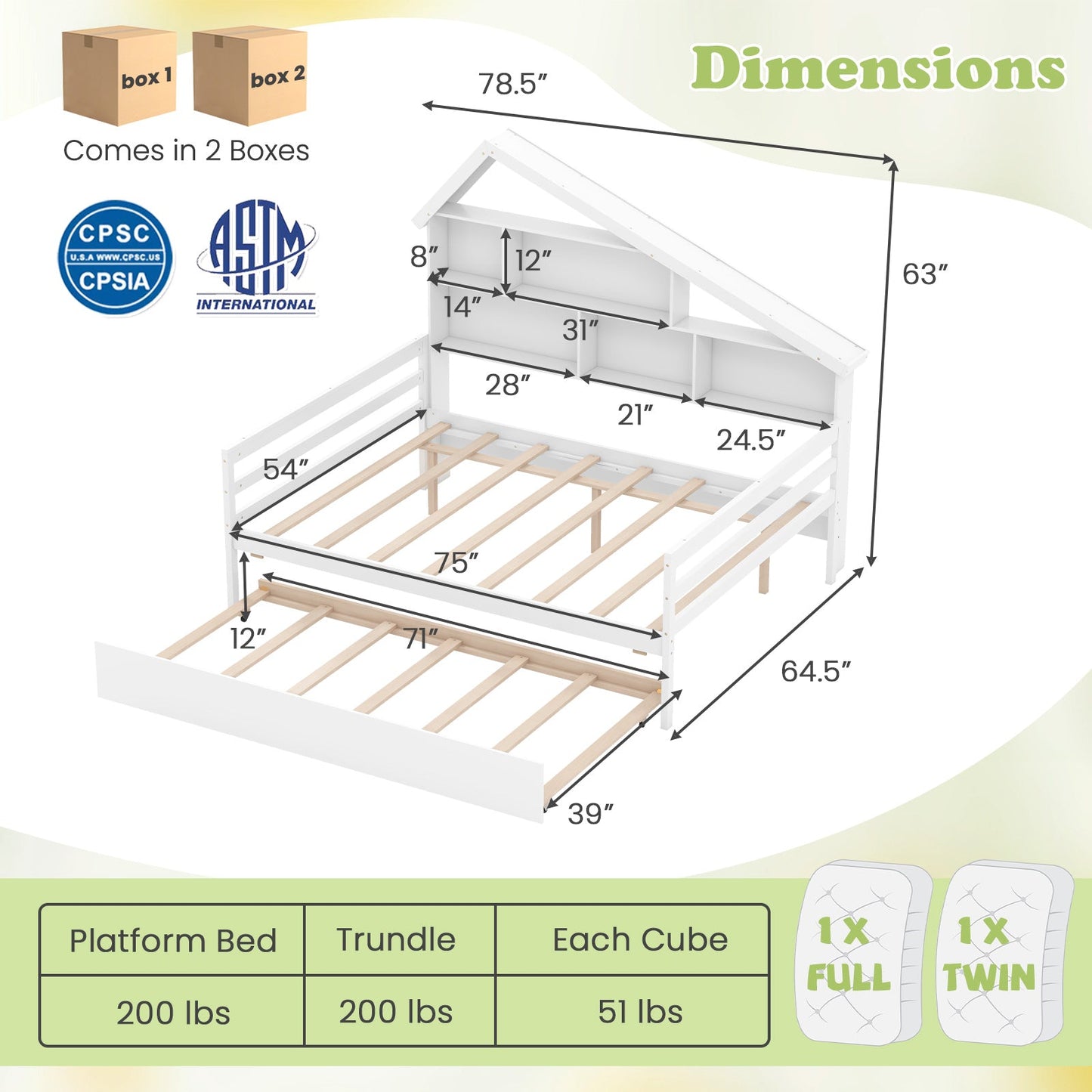 Cama tipo casa de tamaño completo con cama nido de tamaño individual - Blanca