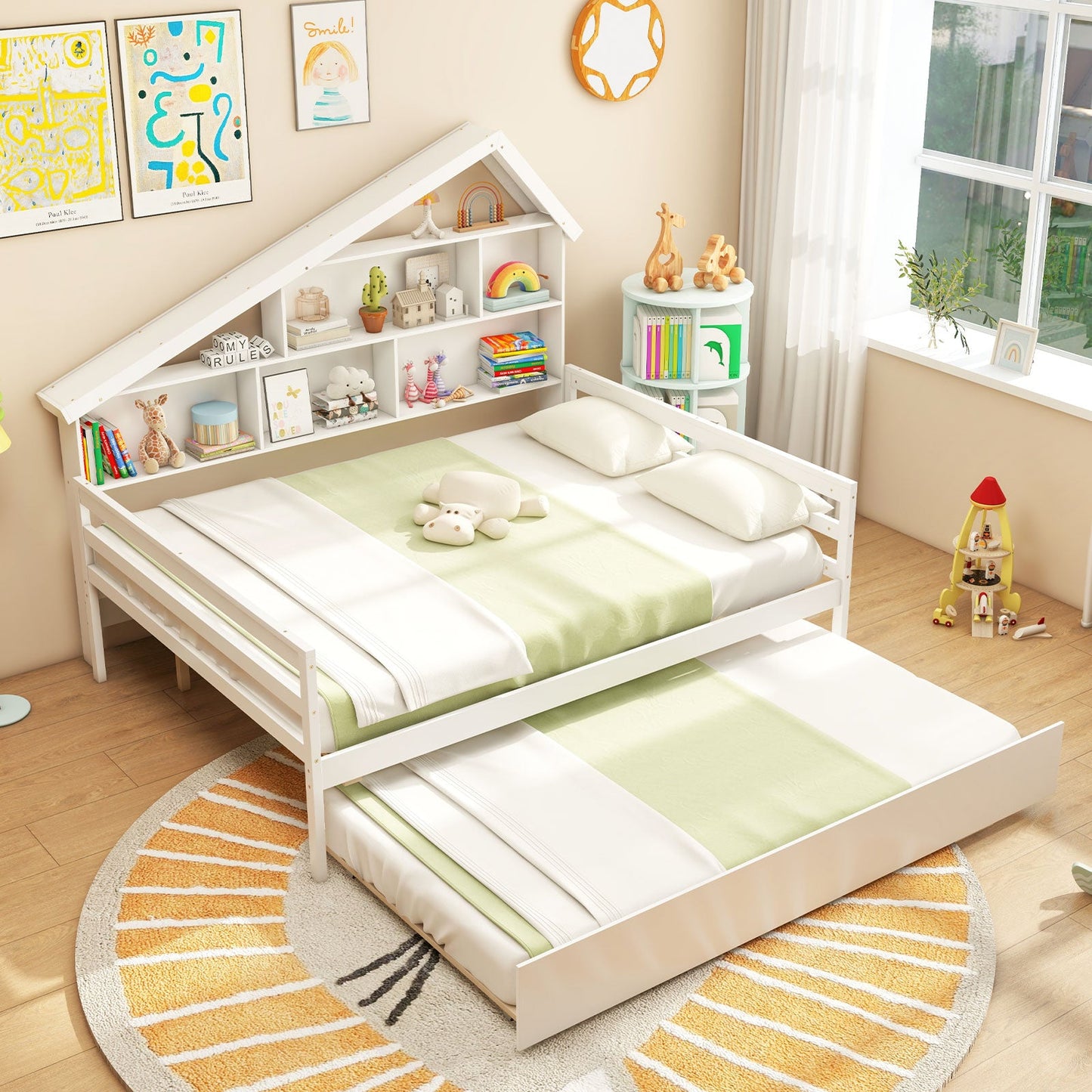 Cama tipo casa de tamaño completo con cama nido de tamaño individual - Blanca
