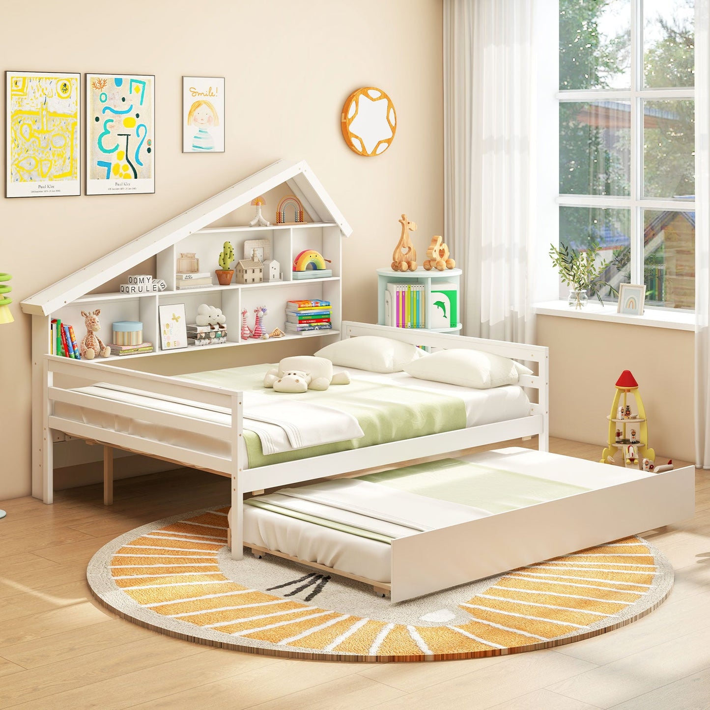 Cama tipo casa de tamaño completo con cama nido de tamaño individual - Blanca