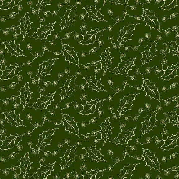 Tela de algodón navideña acogedora con acebo verde cazador