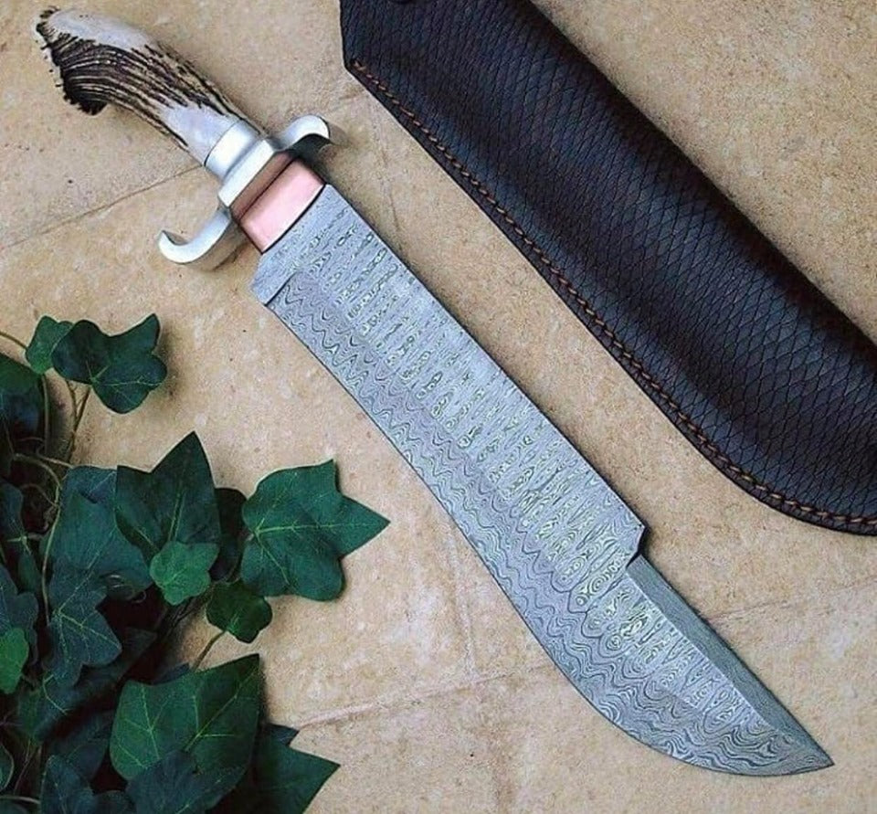 Custom Handmade 20-Inch Bowie Knife with Leather Sheath – Damascus Steel Blade & Antler Horn Handle | Premium Survival Tool by KBS Knives - Korvel