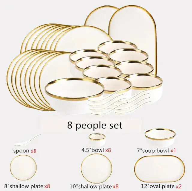 Ensemble de Plateaux à Dîner en Porcelaine Blanche à Bord Doré Mat