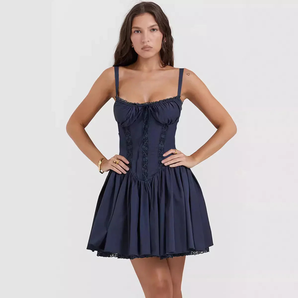 Lace-Up Slim Waist Pleated Dress for Women