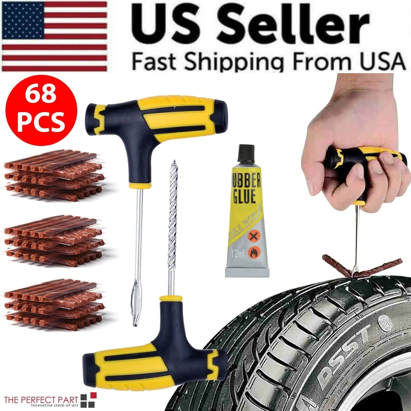 Kit de réparation de pneus de 68 pièces pour voitures, camions et motos