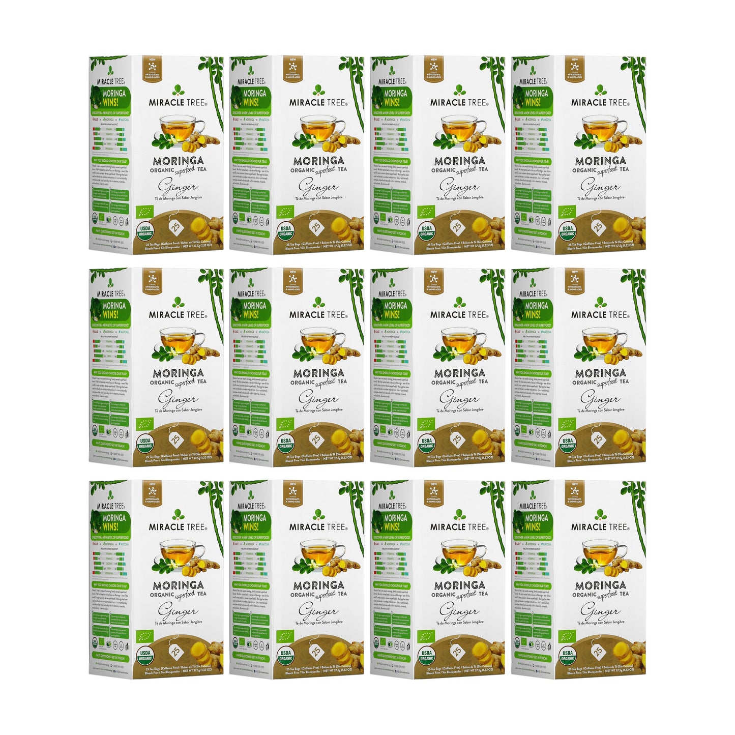 Té Orgánico de Moringa con Jengibre - 25 Bolsitas de Té Envueltas