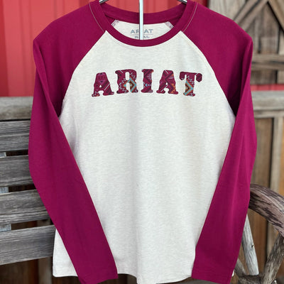 Ariat Girls' Stylish Baseball Tee - Oatmeal & Burgundy - Korvel