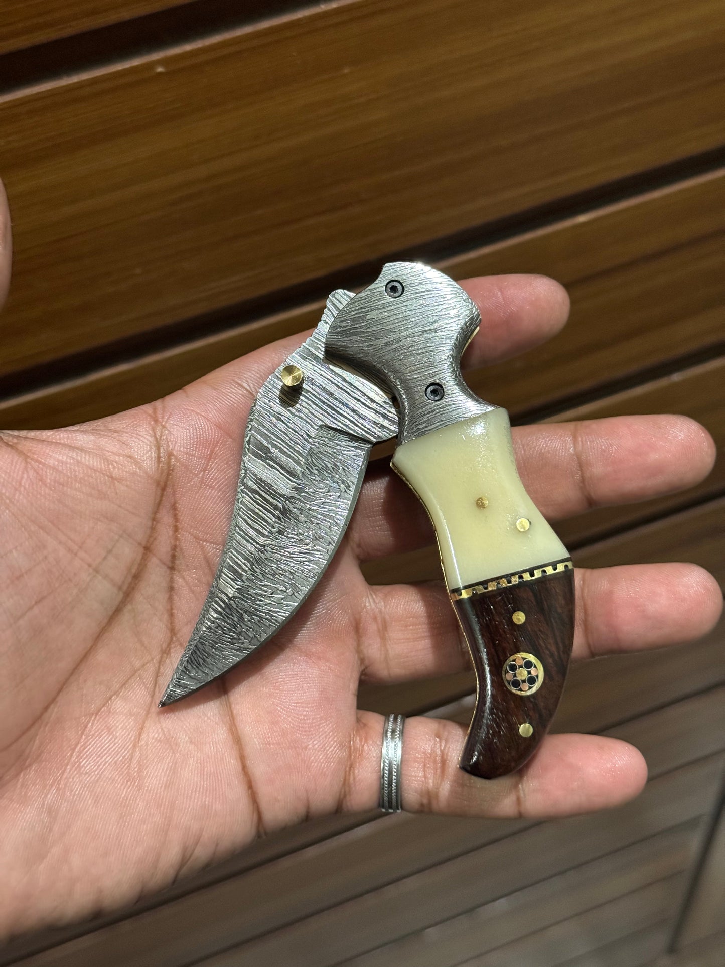 Custom Damascus Folding Pocket Knife with Buffalo Horn & Rosewood Handle - 3.2" Blade - Korvel
