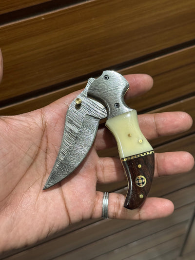 Custom Damascus Folding Pocket Knife with Buffalo Horn & Rosewood Handle - 3.2" Blade - Korvel