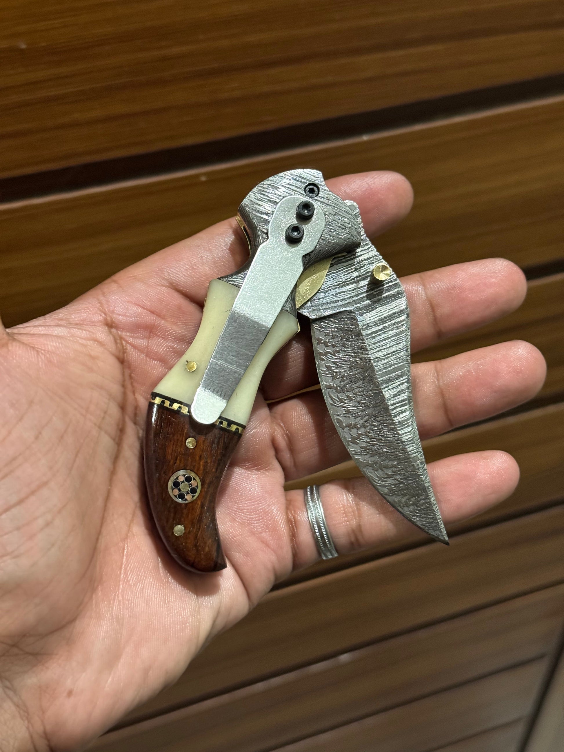 Custom Damascus Folding Pocket Knife with Buffalo Horn & Rosewood Handle - 3.2" Blade - Korvel