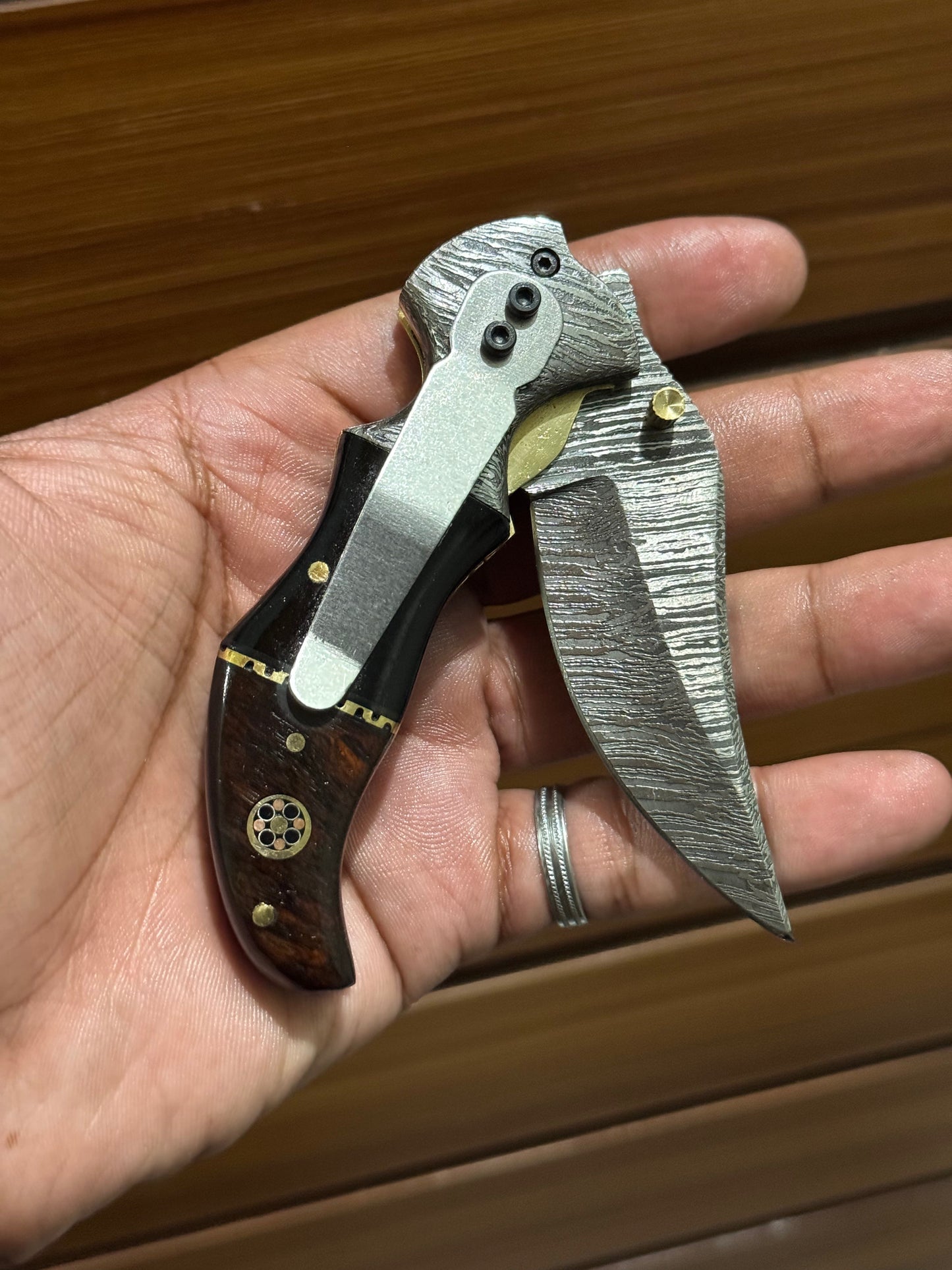 Custom Damascus Folding Pocket Knife with Buffalo Horn & Rosewood Handle - 3.2" Blade - Korvel
