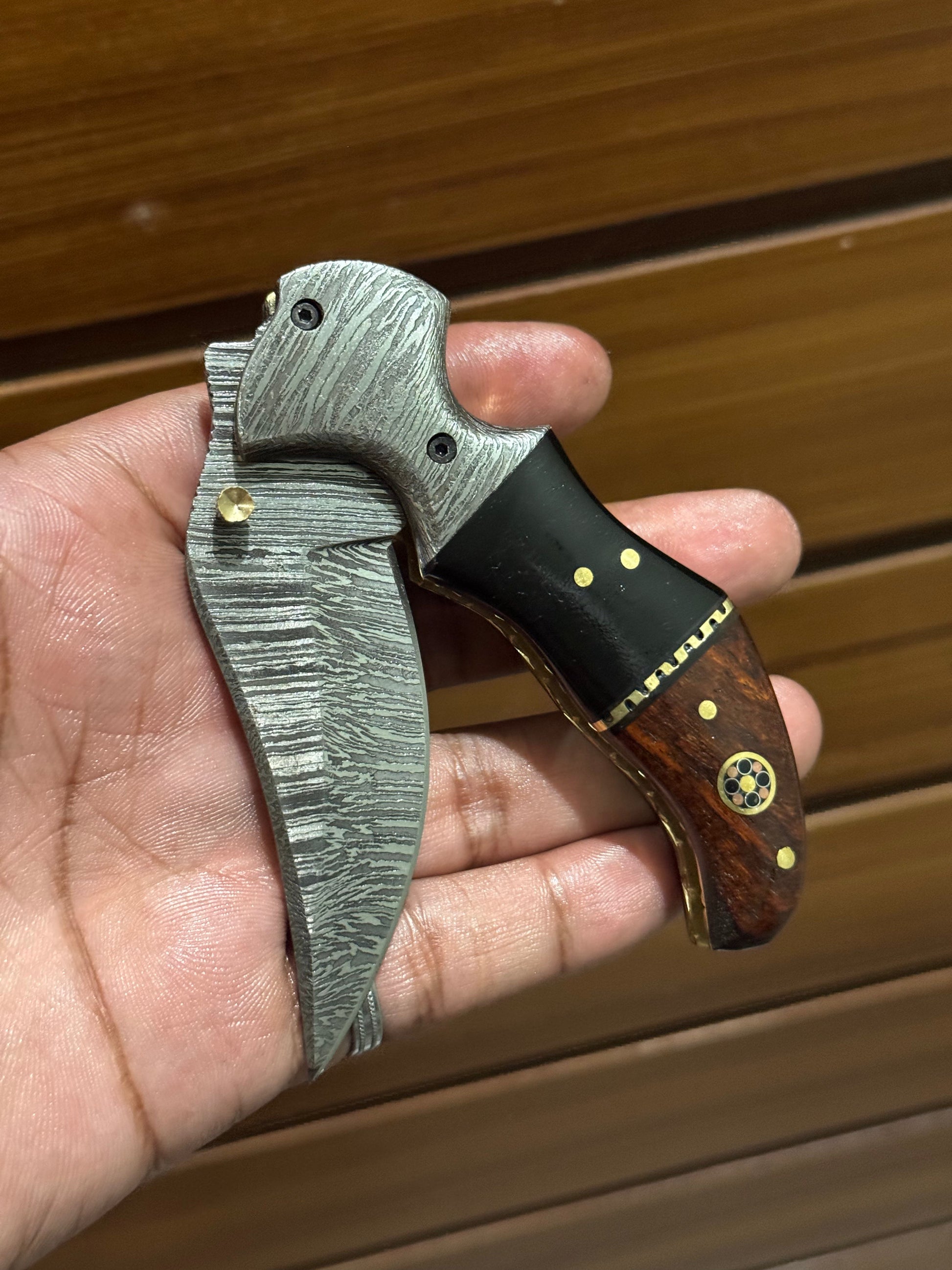 Custom Damascus Folding Pocket Knife with Buffalo Horn & Rosewood Handle - 3.2" Blade - Korvel