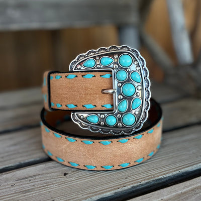 Turquoise-Embellished Tan Roughout Belt | Angel Ranch - Korvel
