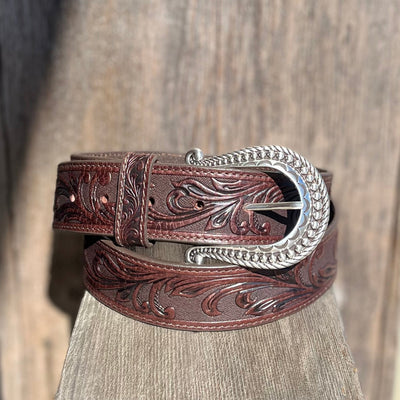Elegant Floral Embossed Leather Belt - Korvel