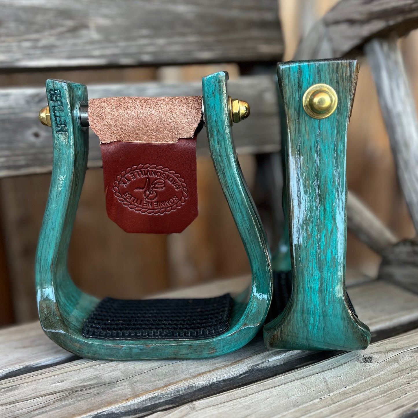 Distressed Turquoise 2.5" Barrel Gripper Stirrup by Nettles - Korvel