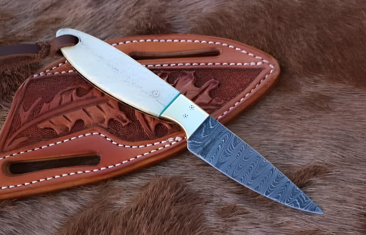 Premium Western Damascus Cowboy Belt Knife with Bone Handle & Leather Sheath - Korvel