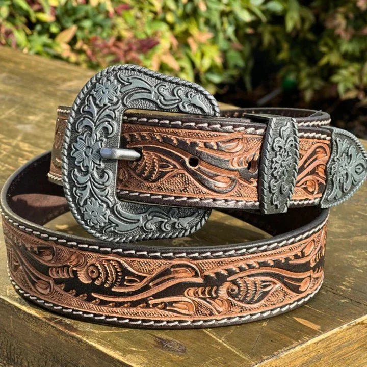 Nocona Men's HD Xtreme Floral Tooled Work Belt - Brown - Korvel