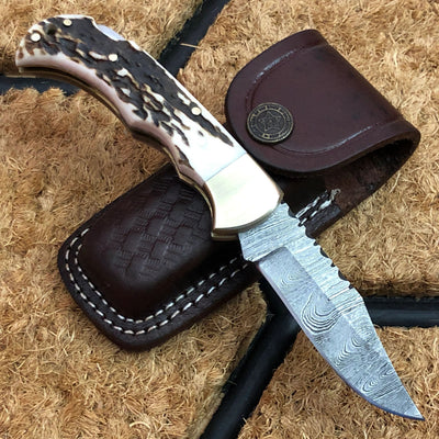 Premium Folding Pocket Knife | Antler Horn Grip with Brass Accents | 3-Inch Blade | Includes Leather Sheath | KBS Knives - Korvel