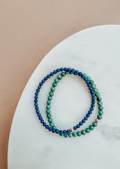 Pulsera de cuentas elástica de lapislázuli y oro de 14 quilates