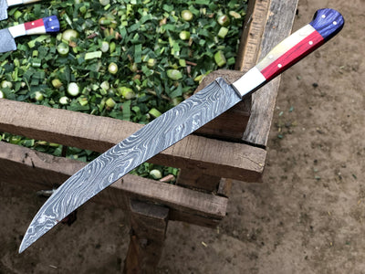 Handcrafted Texas Flag Damascus Steel Fillet Knife with Exotic Wood Handle - 12.5 Inches - Korvel