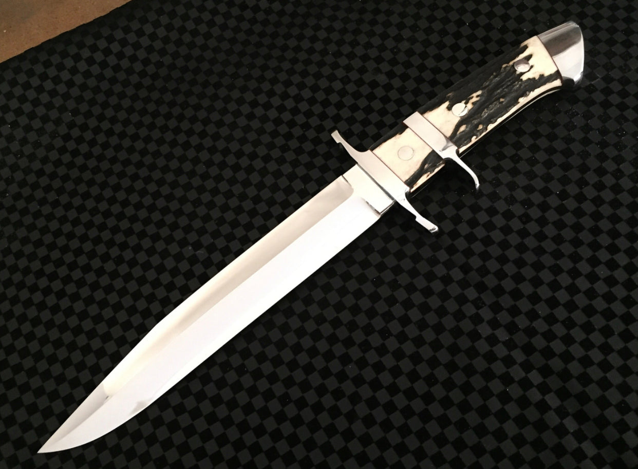 Custom Handmade Pig Sticker Knife – 13-Inch D2 Steel Bowie with Antler Handle & Leather Sheath - Korvel