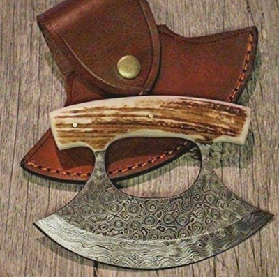 Premium Raindrop Damascus Steel ULU Knife with Antler Handle - Korvel