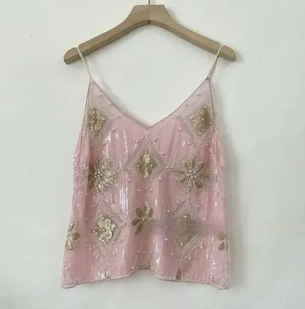 Haut à bretelles brodé de sequins et perles pour femmes