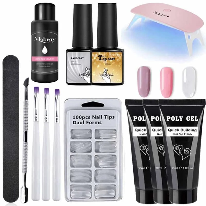 Kit de Poly Gel pour Nail Art Français avec Pinceau UV et Conseils d'Ongles