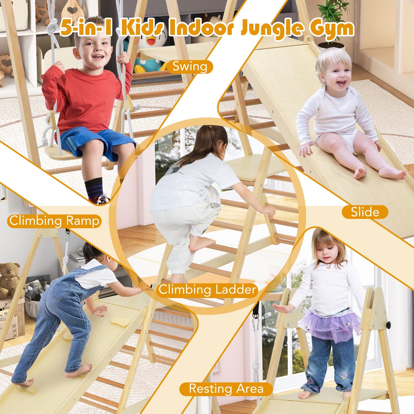 5-in-1 Indoor Jungle Gym Playset with Slide & Adjustable Swing